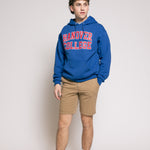 Person wearing a blue 'Hanover College' hoodie on a plain background